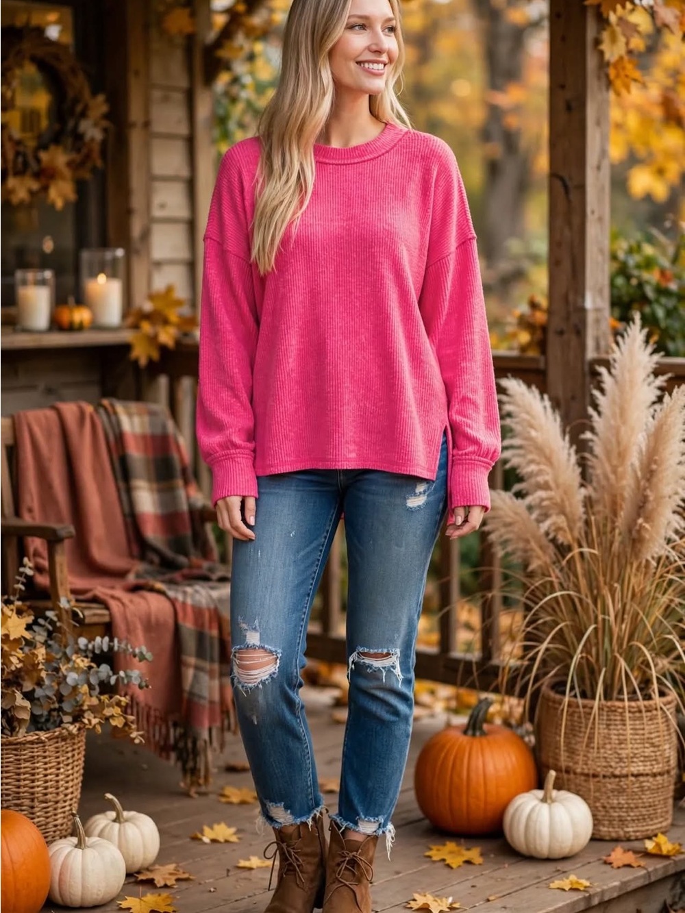 Zenana Cozy Women's Pink Crewneck Sweater